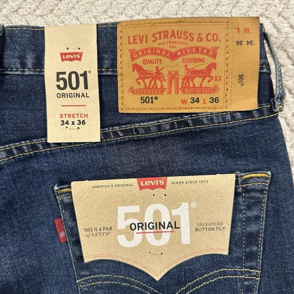 NWT Levis 501 XX Mens 34x36 Button Fly Original Stretch Tall Denim Medium‎ wash